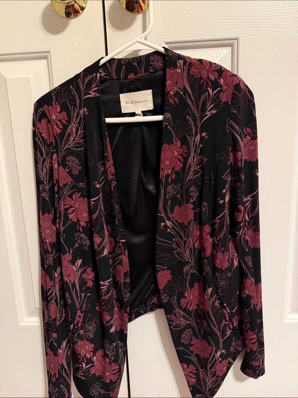 BCBGMAXAZRIA Women's Black Floral Open Front Jacket - Plum Print size  medium
